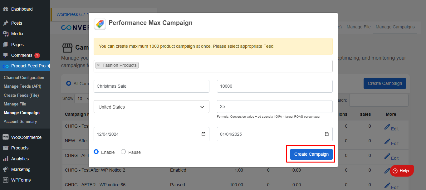 Creating First Performance max campaign via conversios plugin