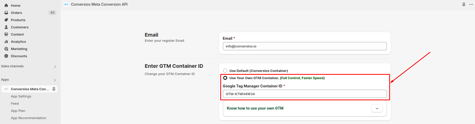 GTM Container ID Setup in Conversios Meta App