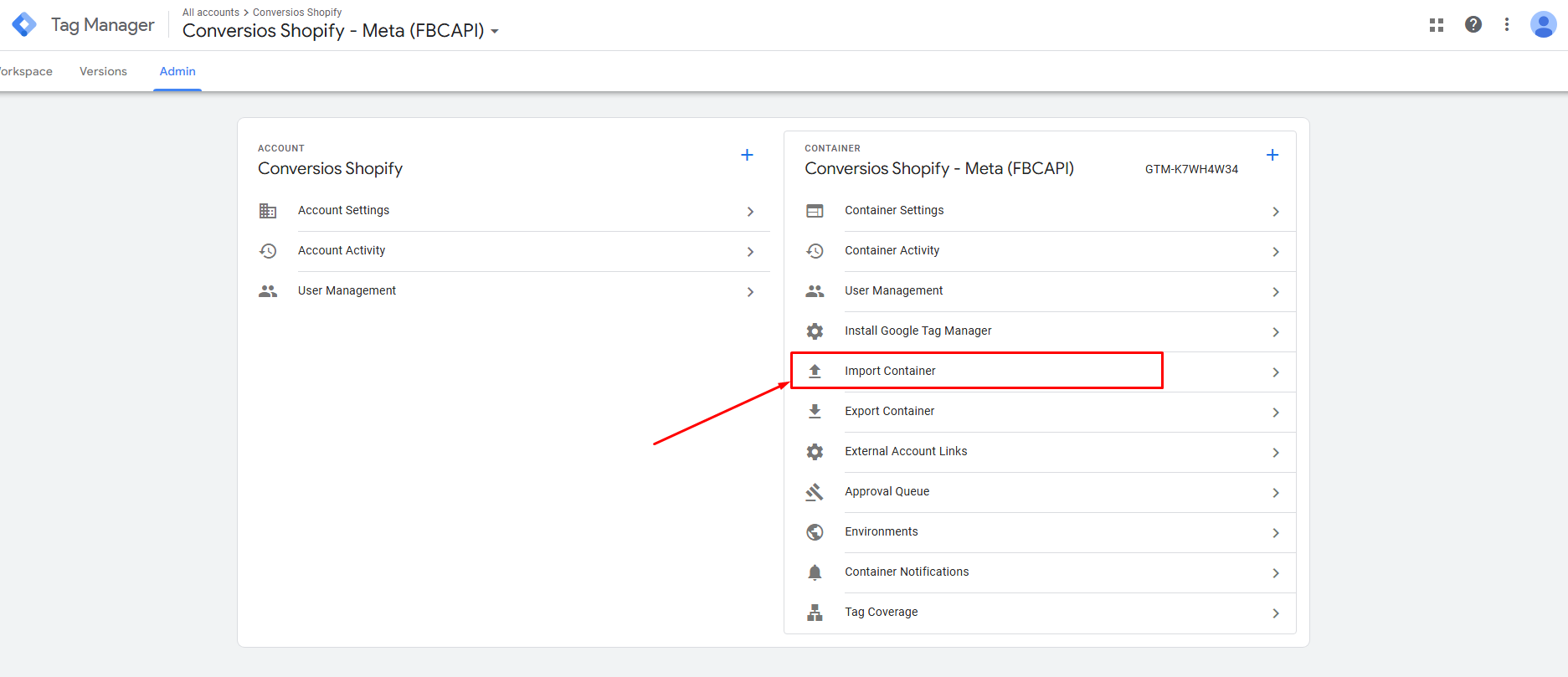 Import Container to Conversios Shopify Meta App