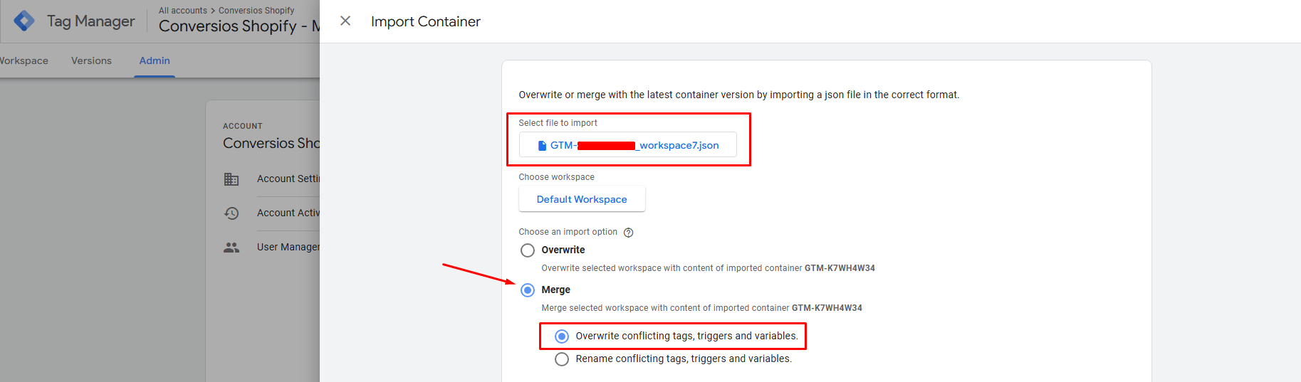 Overwrite your container with conversios meta shopify app container