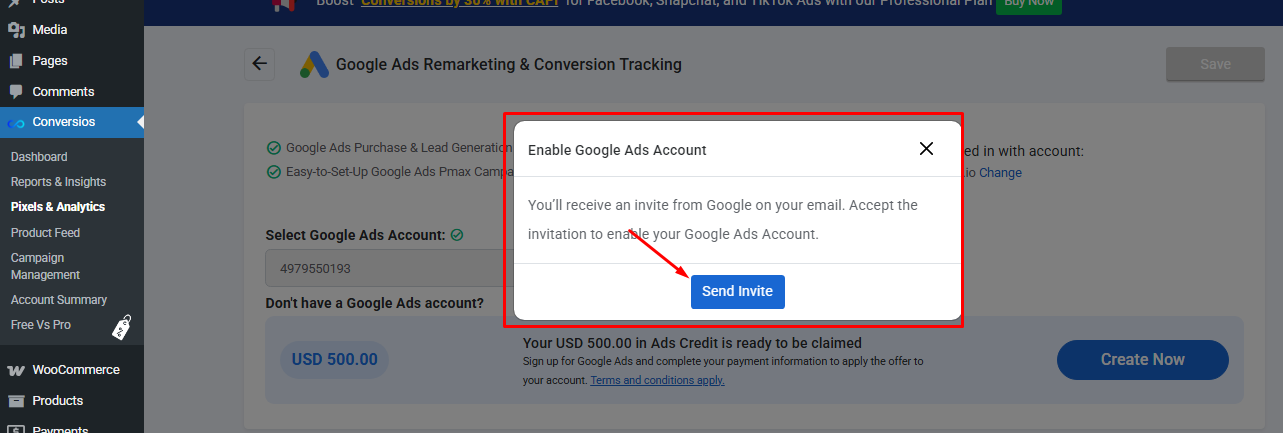 A popup will appear asking you to send an invite to create the new account.