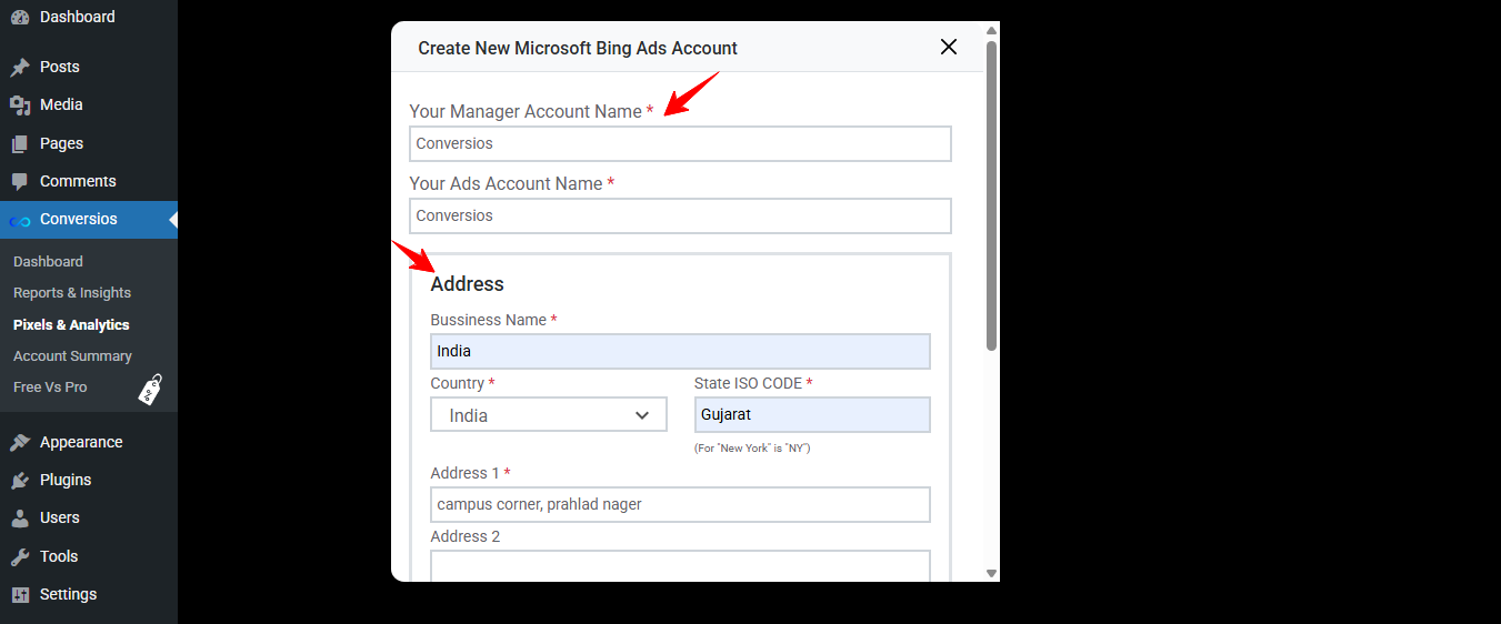 Fill up the New Microsoft Ad Account details