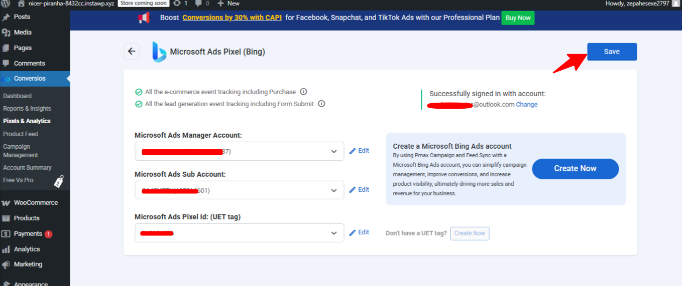 Save Microsoft ads account settings