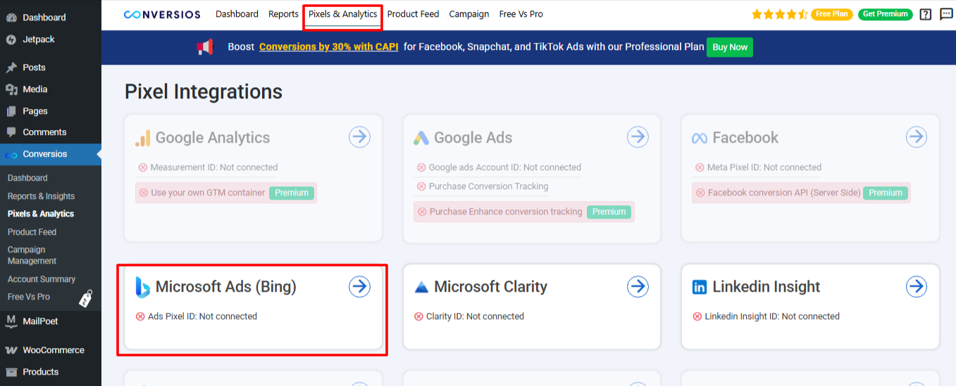 Select Microsoft Ads in Pixel and Analytics