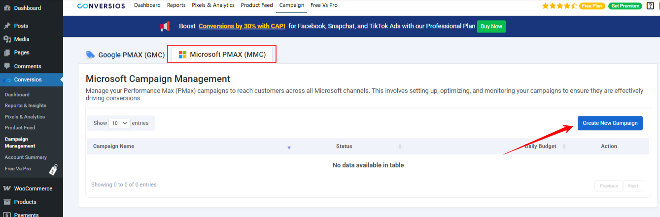 Select Microsoft Ads option and Click on Create Campaign