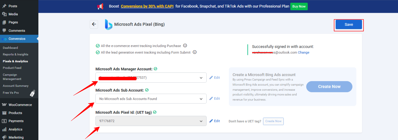 Select your existing MS Merchant center account