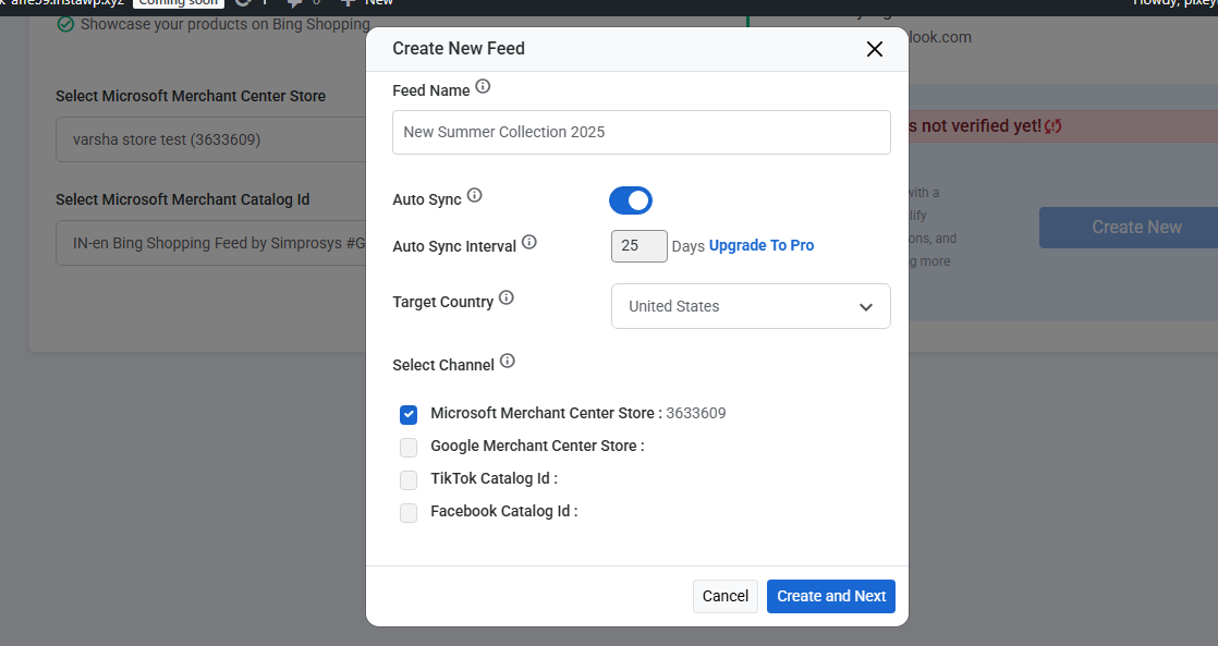 Fill the feed details for Mircosoft feed