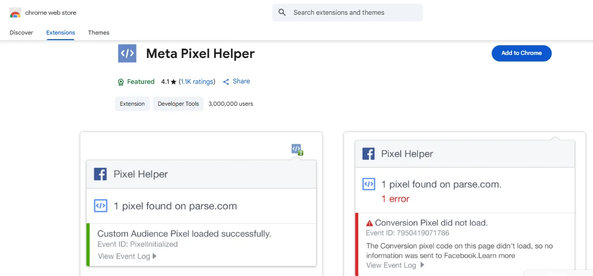 meta pixel helper extension screenshot