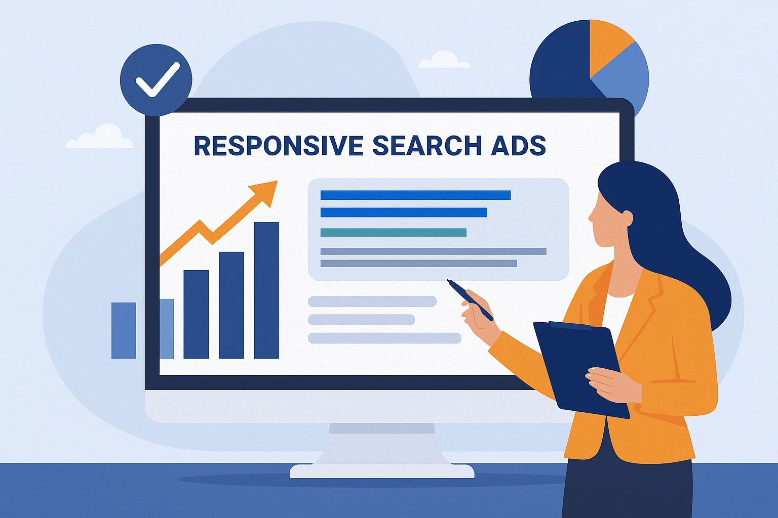 Illustration of a marketer reviewing smart bidding results on a dashboard with Microsoft Ads metrics 