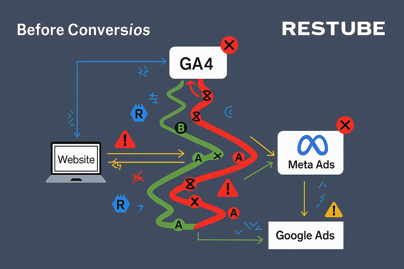 Server-side tracking setup diagram for Restube showing successful data flow from GTM container to GA4, Meta Ads, and Google Ads after implementing Conversios