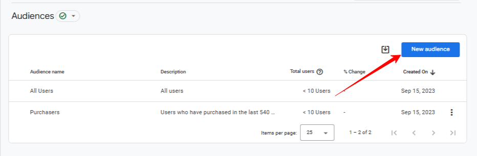 fai clic sul nuovo pubblico in Google Analytics 4