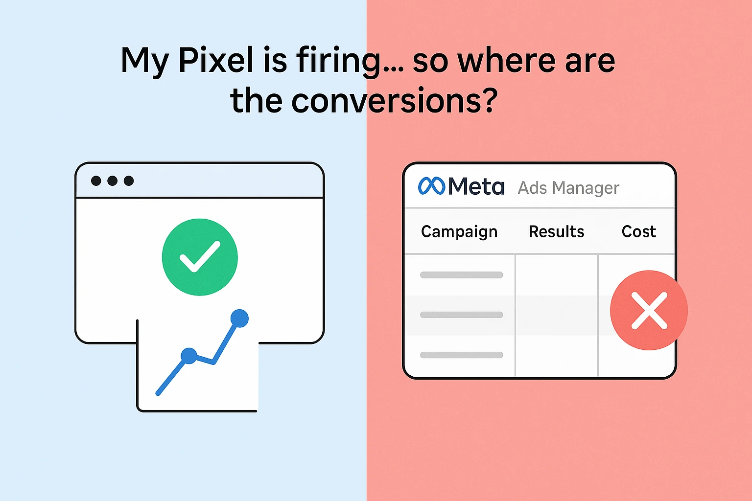 Illustration montrant le déclenchement d'un pixel sur un site Web, mais aucune conversion dans Meta Ads Manager