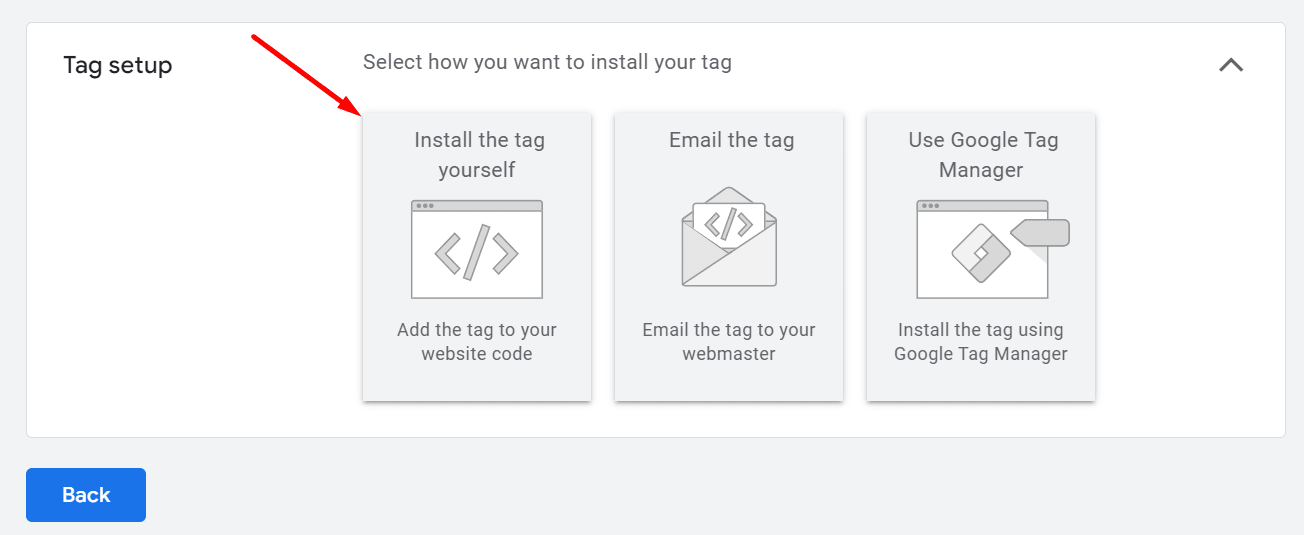 Choose option for tag setup in conversion setting in google ads