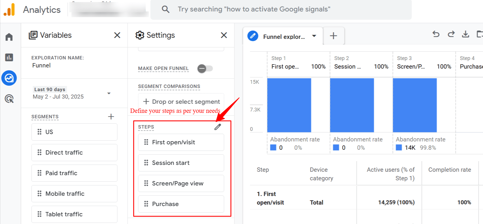 Define funnel steps in Ga4 funnel exploration report
