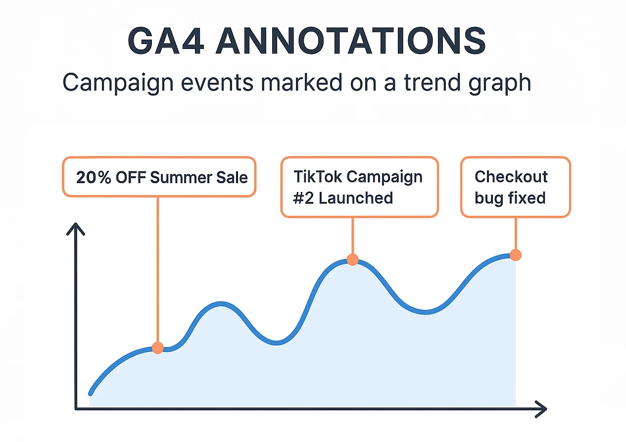 Annotazioni degli eventi della campagna GA4 visualizzate su un grafico di tendenza con trigger di e-commerce