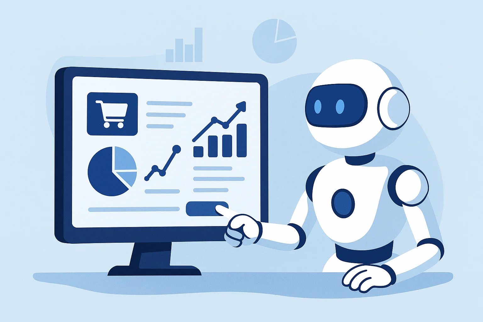 Robô de IA Agentic analisando dados de comércio eletrônico e tomando ações autônomas por meio de insights do painel