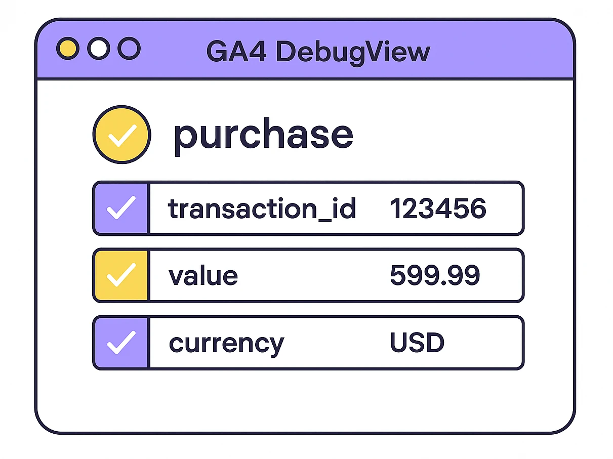 GA4 DebugView showing purchase event with transaction_id, value, and currency parameters for Shopify and WooCommerce