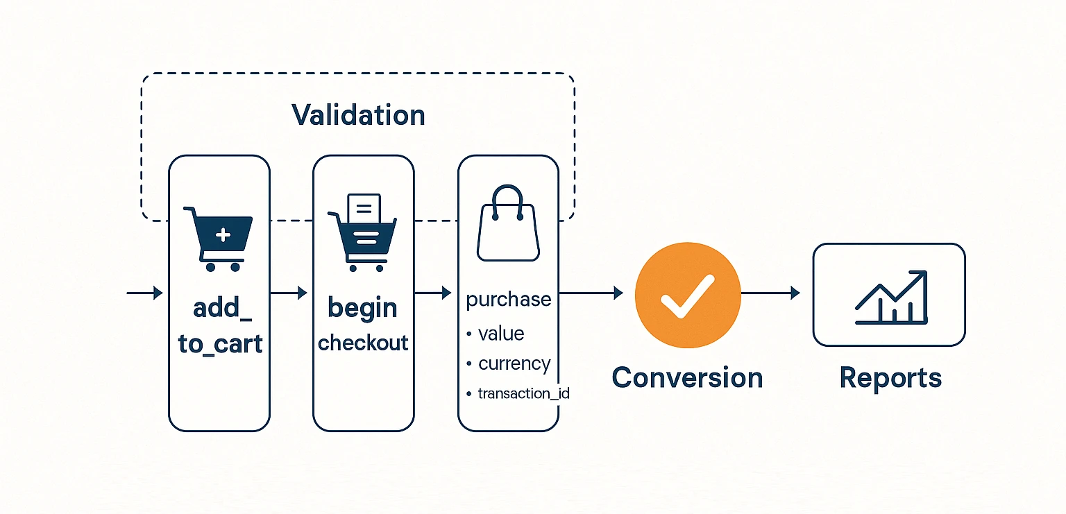 GA4 eCommerce conversion flow with add_to_cart, checkout, purchase, validation, and reporting