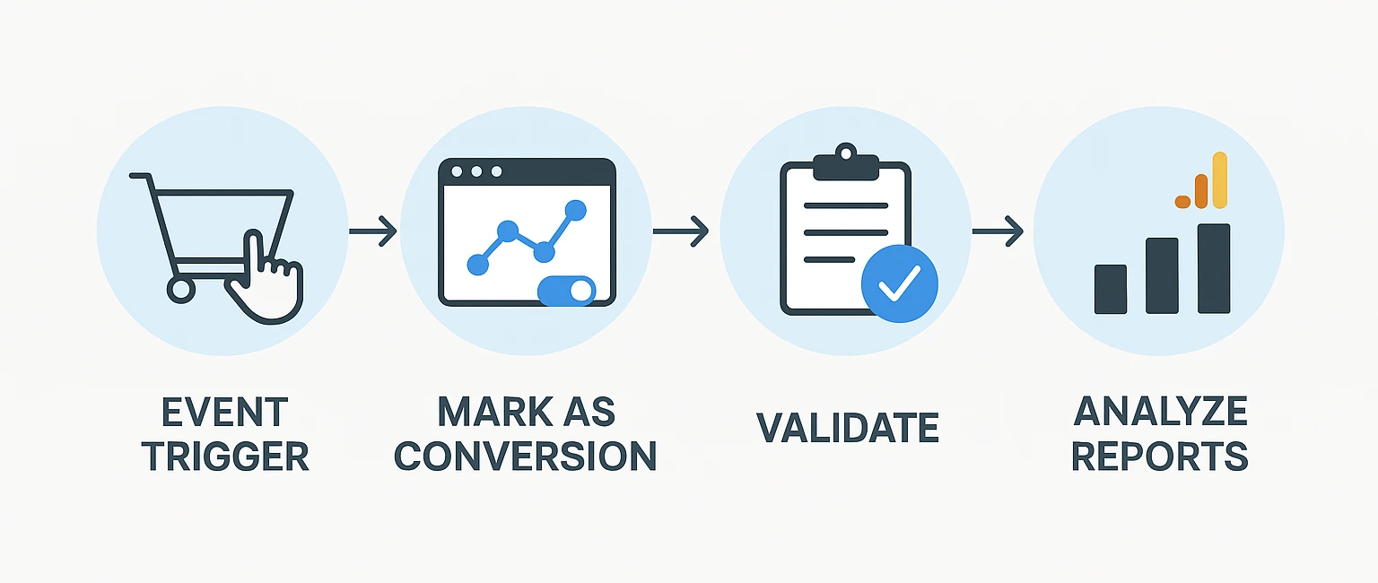 GA4 eCommerce event-to-conversion flow with validation and reporting