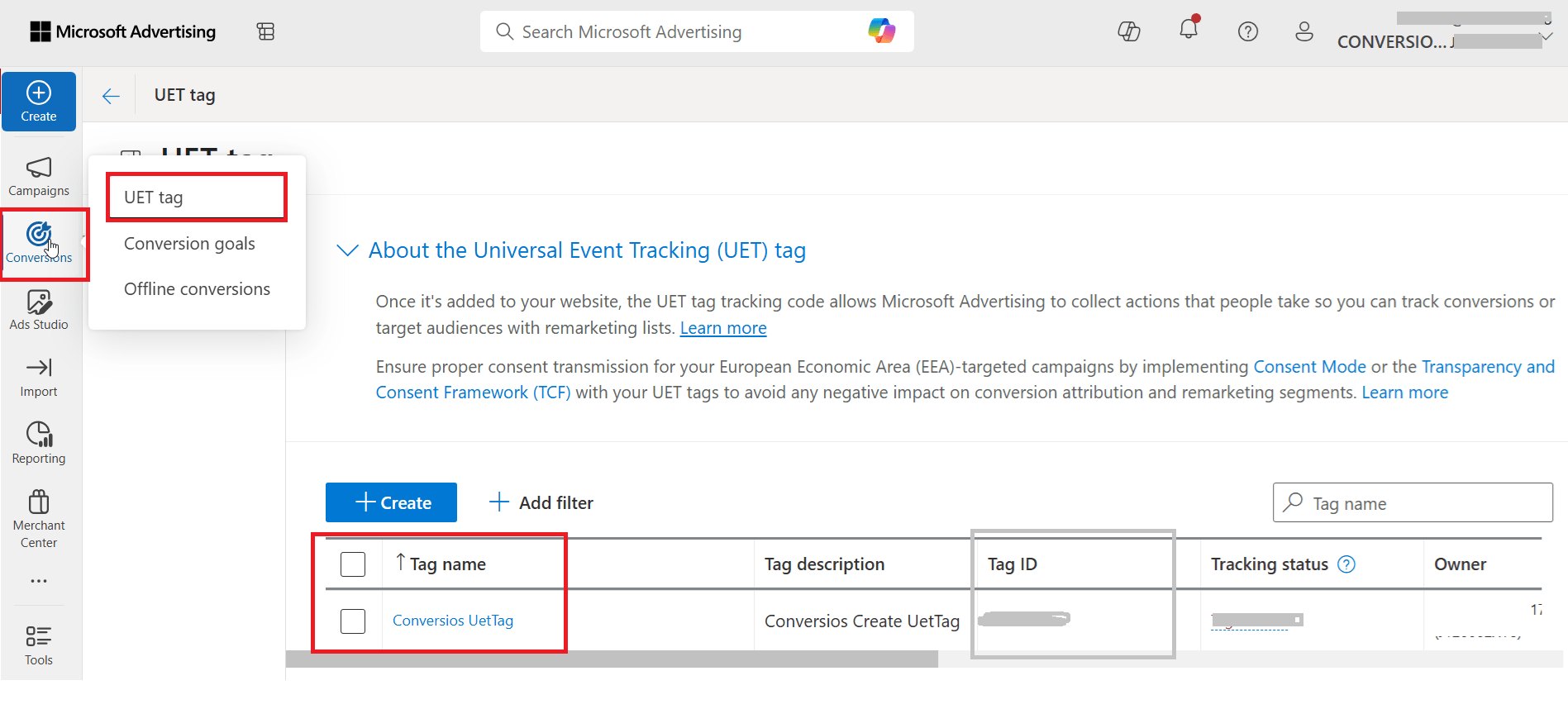 Microsoft UET Tag ID in microsoft ads account