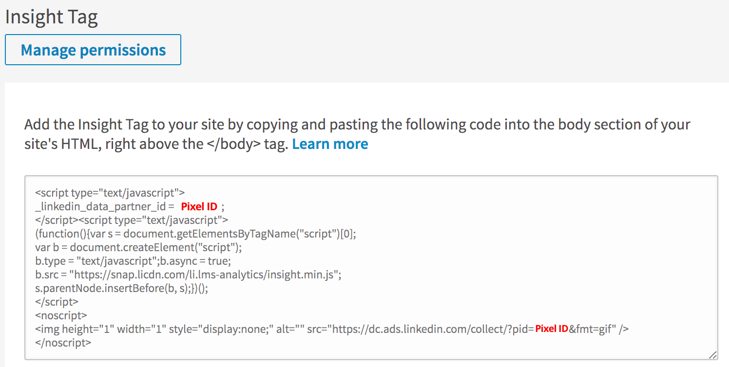 Tag id in script of linkedin insight tag