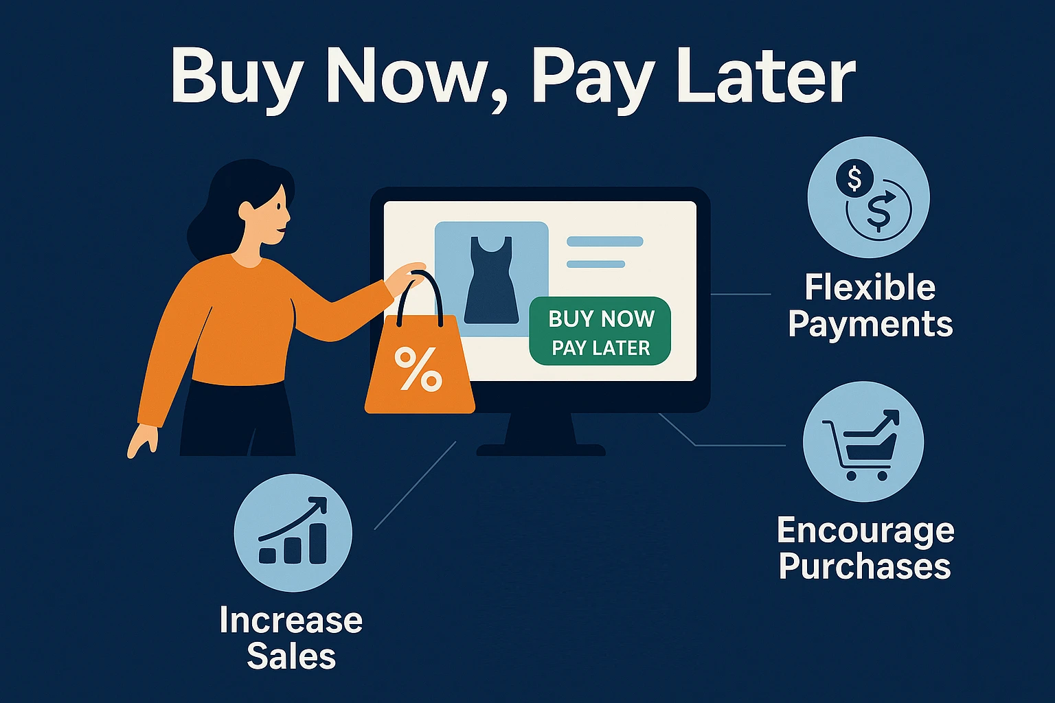 Digital infographic showing Buy Now, Pay Later (BNPL) payment options displayed on an online store checkout page, highlighting flexible installment choices for customers