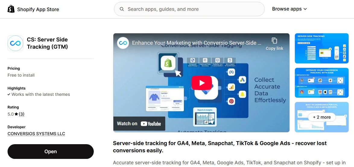 Conversios server side tracking shopify app screen