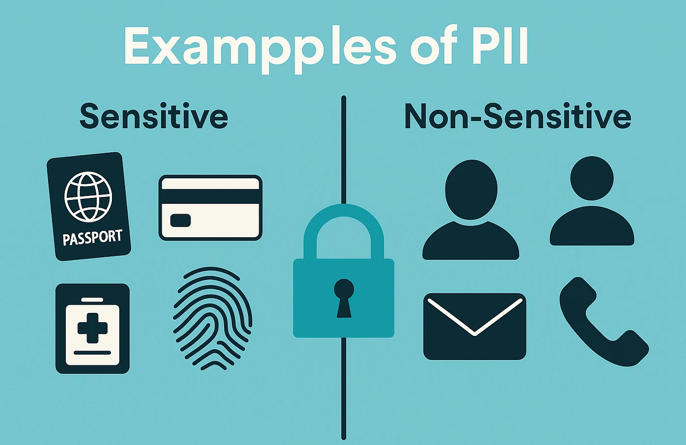 Infographic comparing sensitive PII data (passport, fingerprint, credit card, medical record) with non-sensitive PII data (email, phone, name badge, location pin) in digital marketing and eCommerce