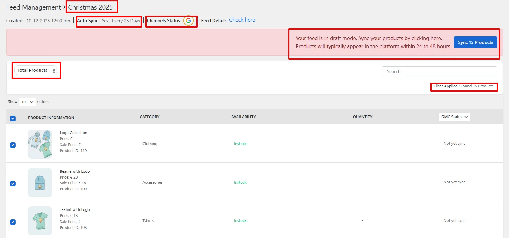 feed management status in conversios aio woocommerce plugin